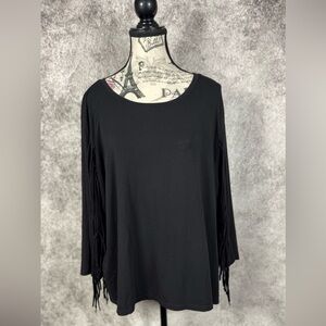 Two By Vince Camuto Black Fringe Long Sleeve Comfortable Top Size L